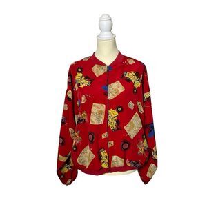 Vintage Marcia Red Tropical Floral Golf Theme Bomber Jacket Women's Size M/L